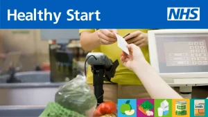 NHS banner 'healthy start' with hand passing a cashier a voucher