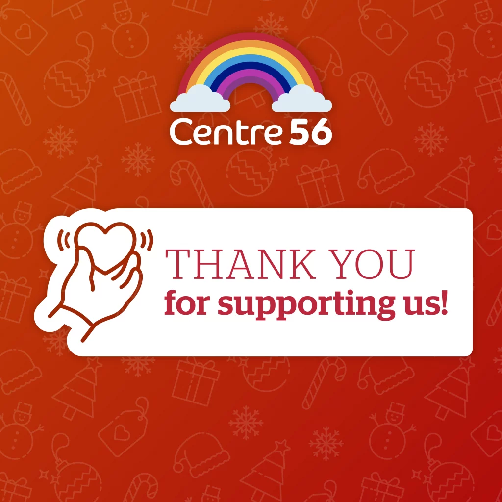 Image with Centre 56 logo on red background and the words 'Thank you for supporting us'